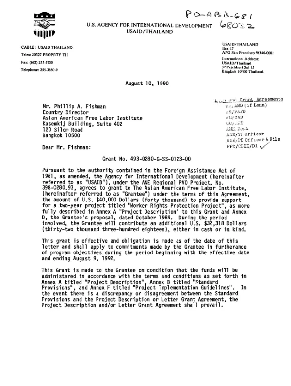 AID grant no. 493-0280-G-SS-0123-00 to the Asian American Free Labor Institute for the worker rights protection project