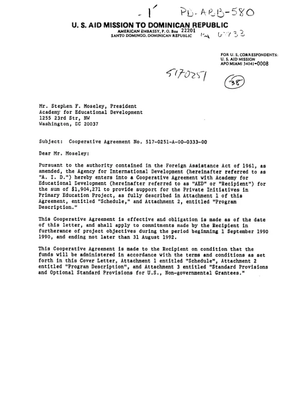 AID cooperative agreement no. 517-0251-A-00-0333-00 to the Academy for Educational Development to support the private initiatives in primary education project