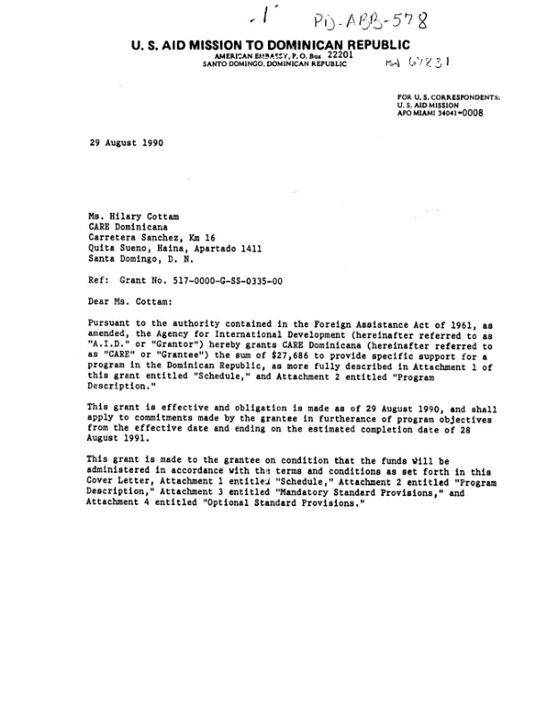 AID grant no. 517-0000-G-SS-0335-00 to CARE Dominicana to support operational research activities to validate a new program approach to improve food use within health and nutrition programming