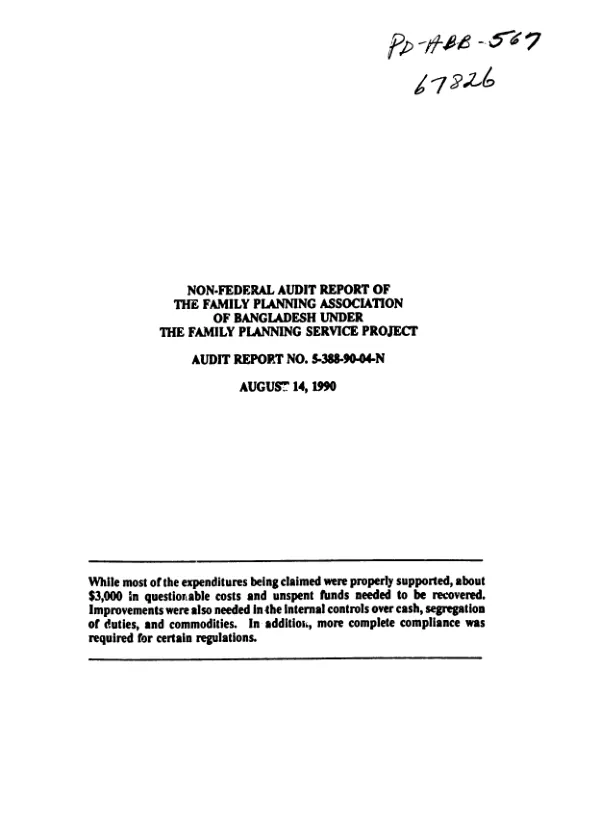 Non-federal audit report of the Family Planning Association of Bangladesh under the family planning service project