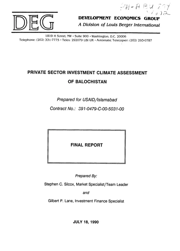Private sector investment climate assessment of Balochistan : final report
