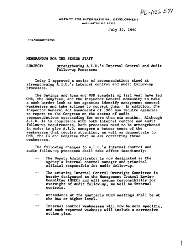 Strengthening AID"s internal control and audit follow-up processes : memorandum for the senior staff [and] action memorandum for the Administrator