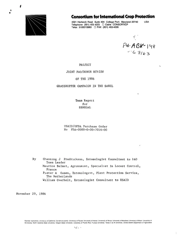 Joint FAO/donor review of the 1986 grasshopper campaign in the Sahel : team report for Senegal