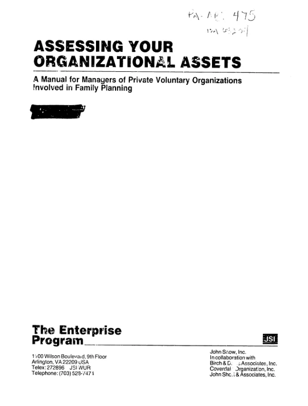 Assessing your organizational assets : a manual for managers of private voluntary organizations involved in family planning