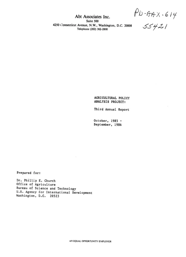 Agricultural policy analysis project : third annual report, October, 1985-September, 1986