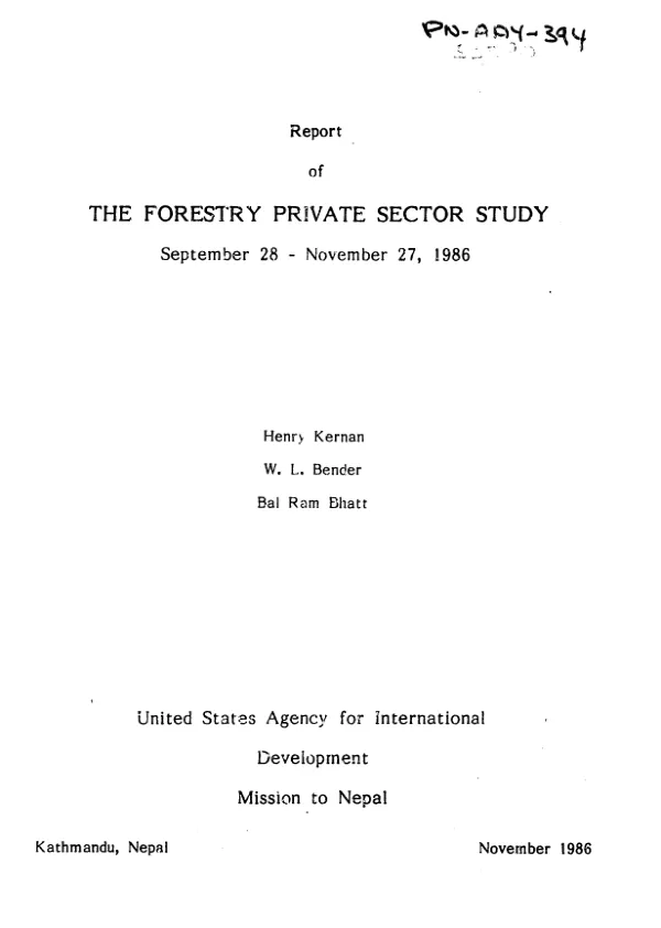 Report of the forestry private sector study, September 28-November 27, 1986