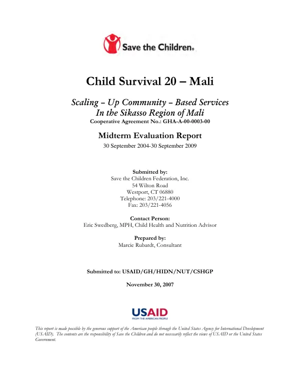 Child survival 20-Mali : scaling-up community-based services in the Sikasso Region of Mali -- midterm evaluation report