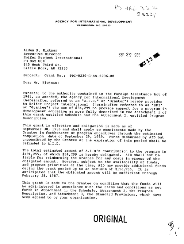AID grant no. PDC-0230-G-SS-6206-00 to Heifer Project International for a program in development education