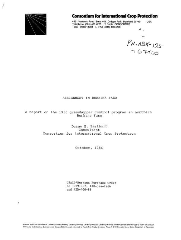 Assignment in Burkina Faso : a report on the 1986 grasshopper control program in northern Burkina Faso