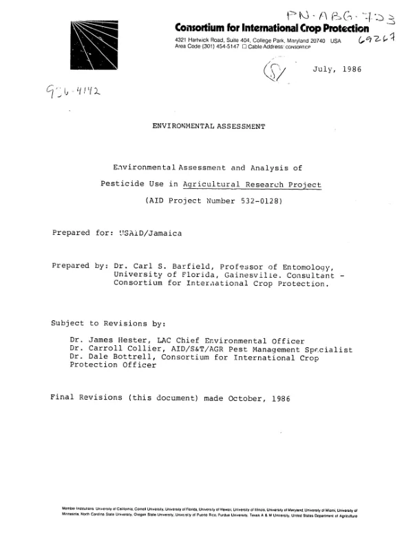 Environmental assessment and analysis of pesticide use in agricultural research project (AID project number 532-0128)
