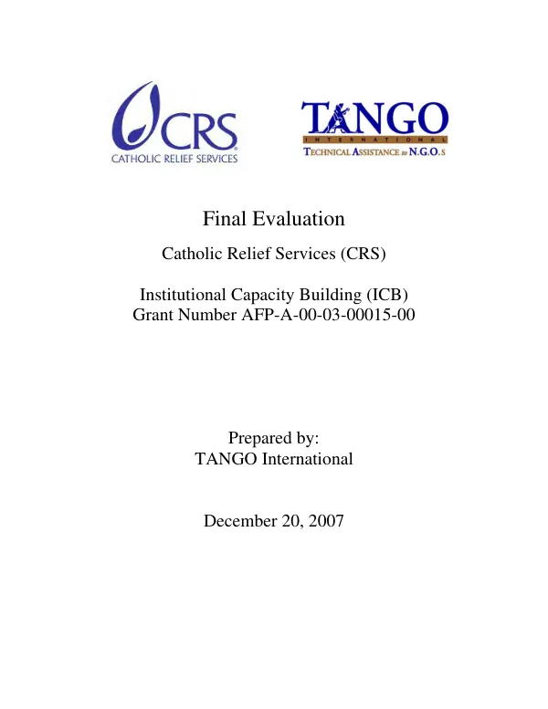 Final evaluation : Catholic Relief Services (CRS) -- institutional capacity buiding (ICB) grant number AFP-A-00-03-00015-00