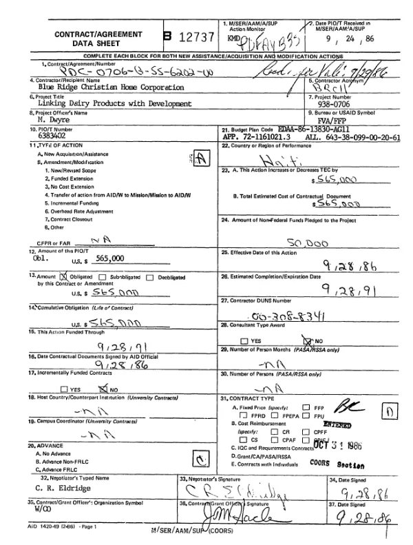 AID grant no. PDC-0706-G-SS-6202-00 with Blue Ridge Christian Home Foundation for linking dairy products with development