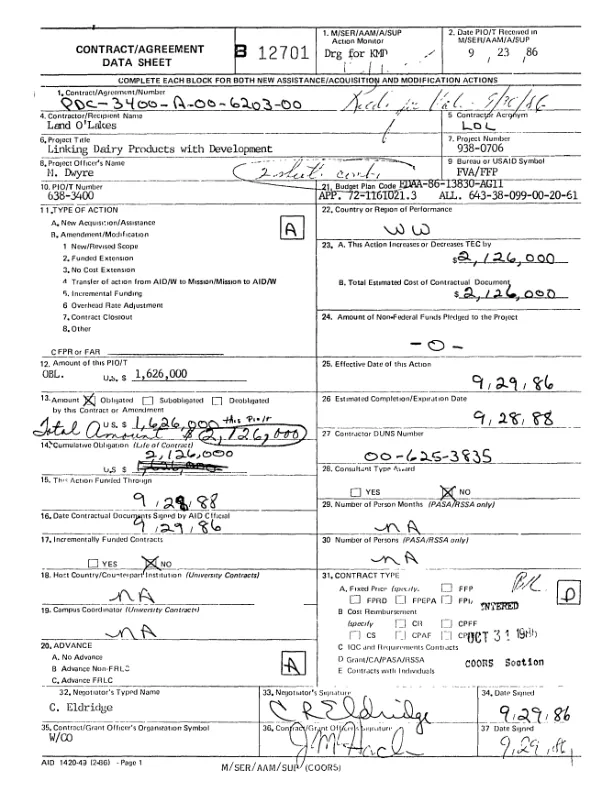 AID cooperative agreement no. PDC-3400-A-00-6203-00 with Land O" Lakes, Inc. for linking dairy products with development