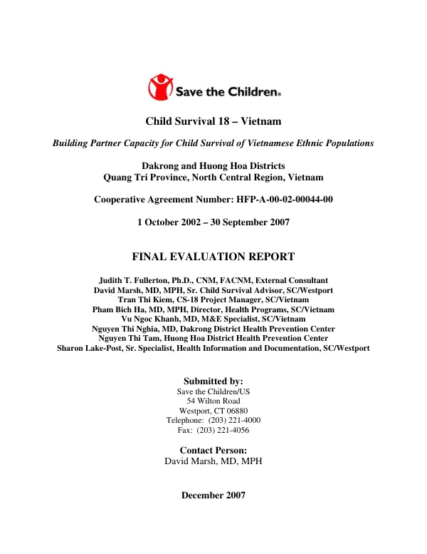 Child survival 18-Vietnam : building partner capacity for child survival of Vietnamese ethnic populations, Dakrong and Huong Hoa Districts, Quang Tri Province, North Central Region, Vietnam -- cooperative agreement number HFP-A-00-02-00044-00 : final evaluation report