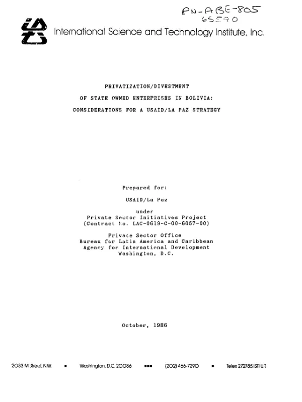Privatization/divestment of state owned enterprises in Bolivia : considerations for a USAID/La Paz strategy
