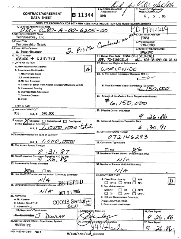 AID cooperative agreement no. PDC-0280-A-00-6205-00 to Technoserve, Inc. for a program of technical assistance to small and medium sized, privately owned or cooperative enterprises