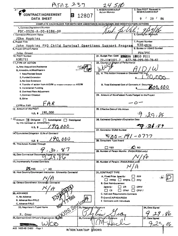 Cooperative agreement no. PDC-0526-A-00-6186-00 to Johns Hopkins University, Institute for International Programs