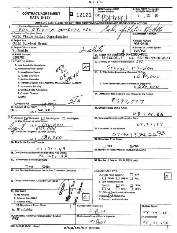 Cooperative agreement no. PDC-0518-A-00-6142-00 to World Vision Relief Organization