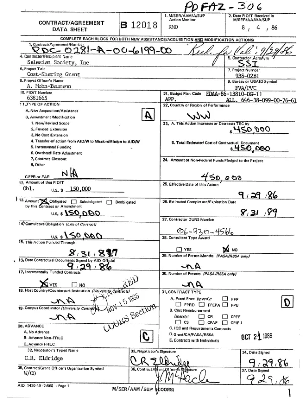 Grant no. PDC-0281-A-00-6199-00 to Salesian Society, Inc. for Salesian Missions