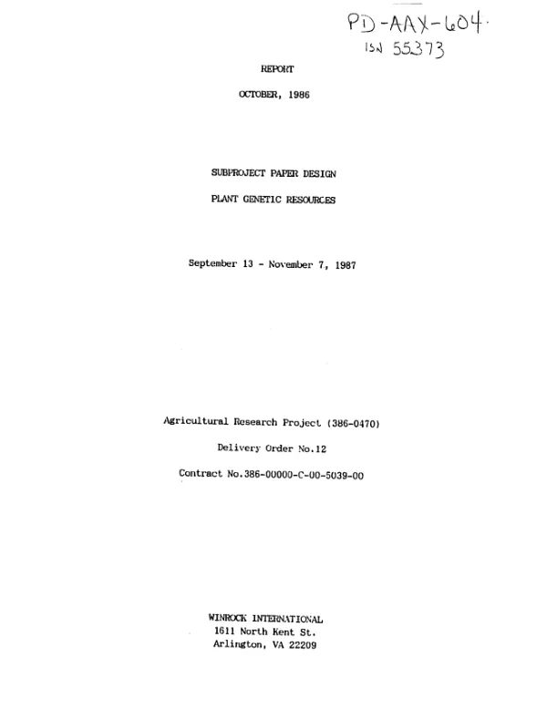 Report -- October, 1986 : subproject paper design -- plant genetic resources, September 13-November 7, 1987