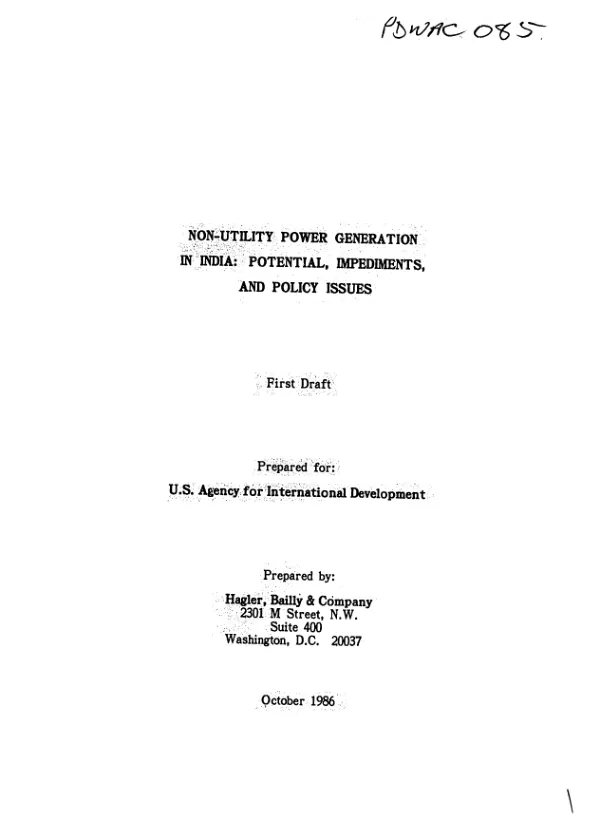 Non-utility power generation in India : potential, impediments, and policy issues, first draft