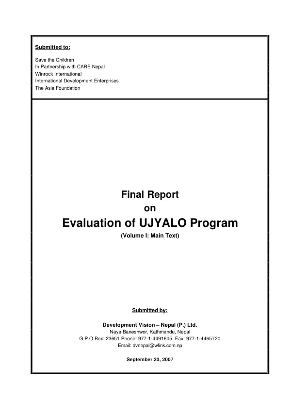 Final report on evaluation of UJYALO program : volume I -- main text