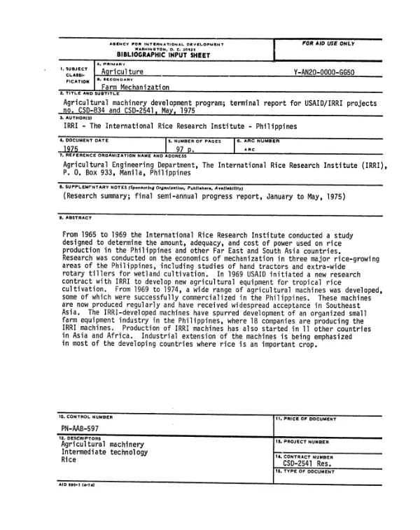 Agricultural machinery development program : terminal report for USAID/IRRI projects no. CSD-834 and CSD-2541