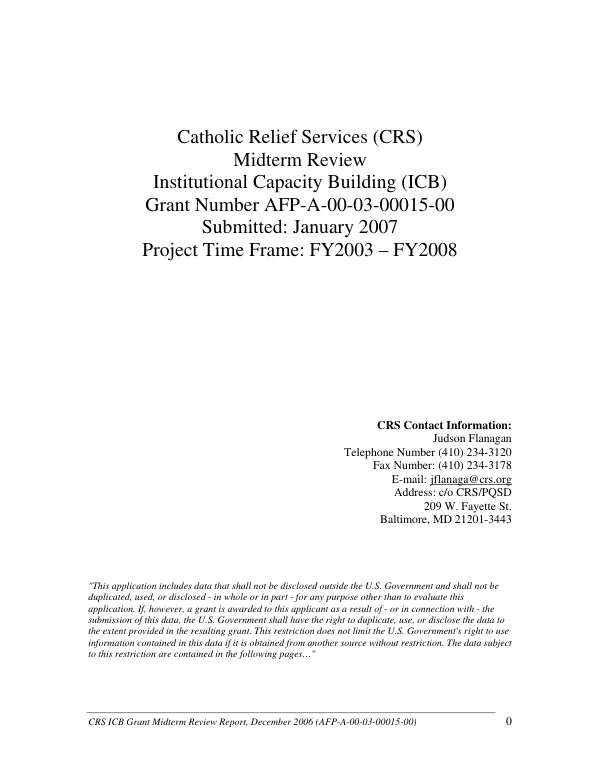 Catholic Relief Services (CRS) : midterm review -- institutional capacity building (ICB) : grant number AFP-A-00-03-00015-00 -- project time frame FY2003-FY2008