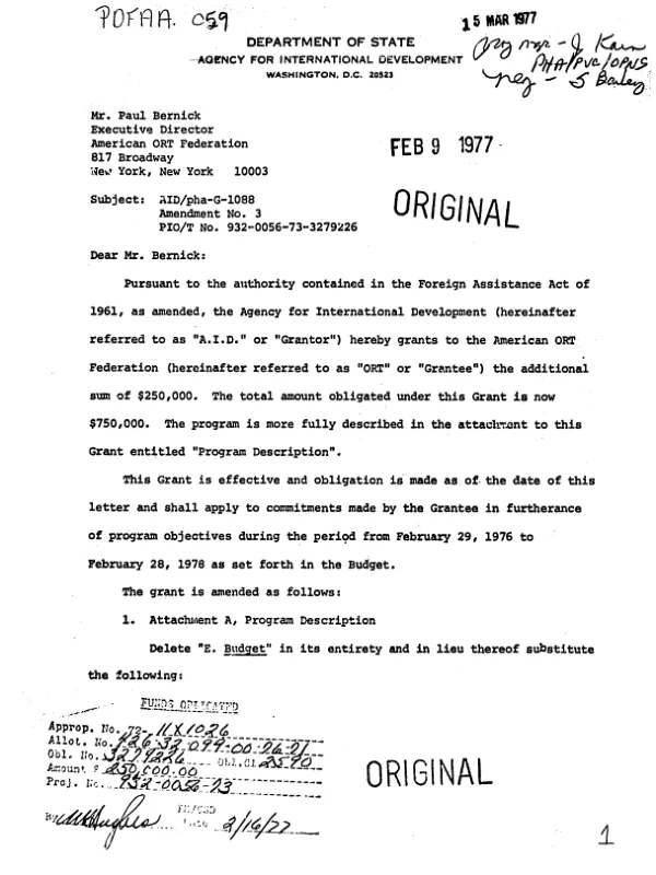 AID grant no. AID/PHA-G-1088 to the American ORT Federation to establish a development program unit