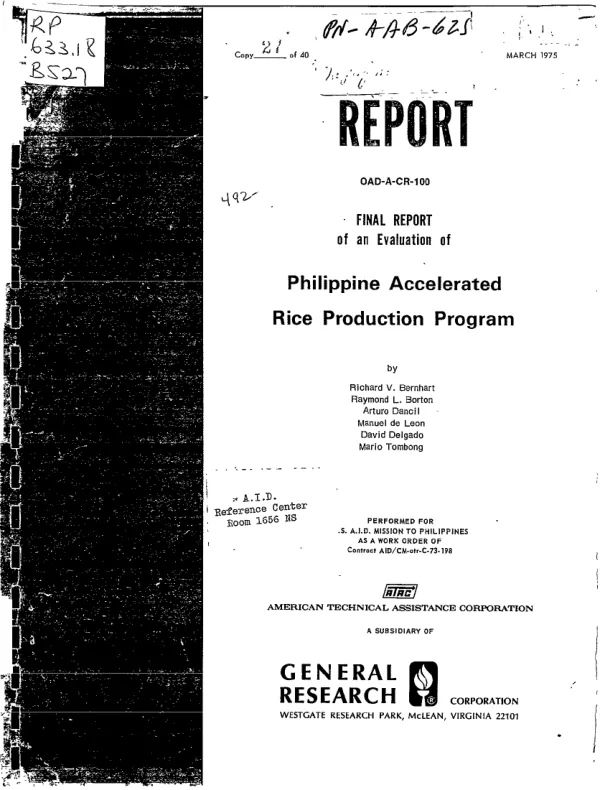 FINAL REPORT OF AN EVALUATION OF PHILIPPINE ACCELERATED RICE PRODUCTION PROGRAM