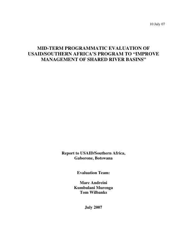 Mid-term programmatic evaluation of USAID/Southern Africa's program to 'improve management of shared river basins'