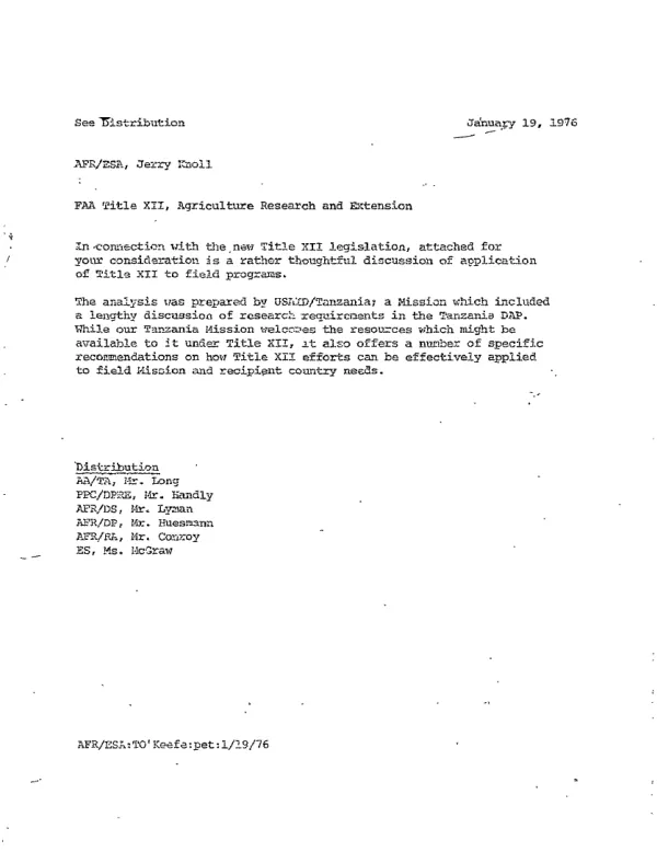 Application of Title XII -- a field viewpoint (comments on agricultural research & extension)
