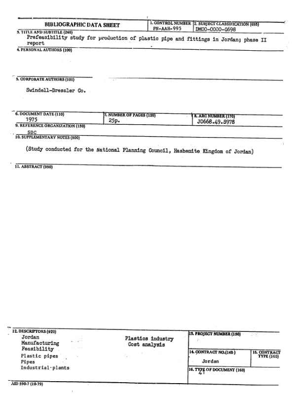PREFEASIBILITY STUDY FOR PRODUCTION OF PLASTIC PIPE AND FITTINGS IN JORDAN; PHASE II REPORT