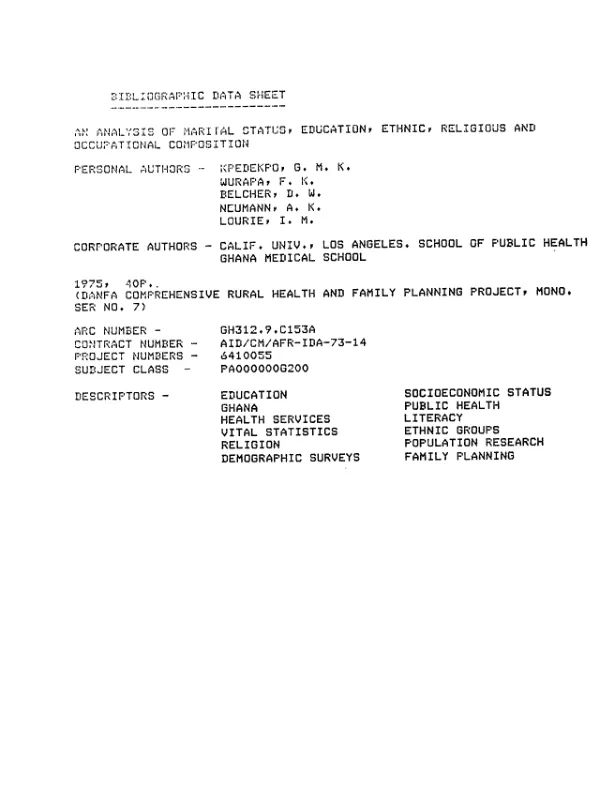 ANALYSIS OF MARITAL STATUS, EDUCATION, ETHNIC, RELIGIOUS AND OCCUPATIONAL COMPOSITION