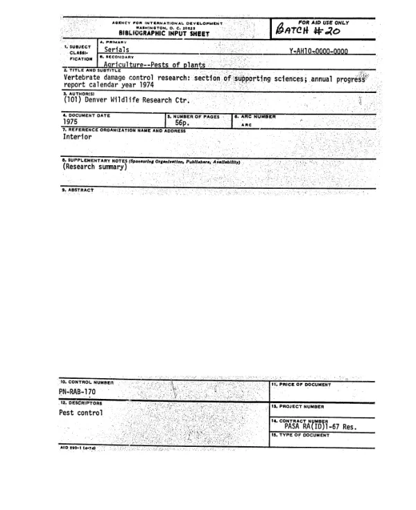 VERTEBRATE DAMAGE CONTROL RESEARCH : SECTION OF SUPPORTING SCIENCES; ANNUAL PROGRESS REPORT CALENDAR YEAR 1974