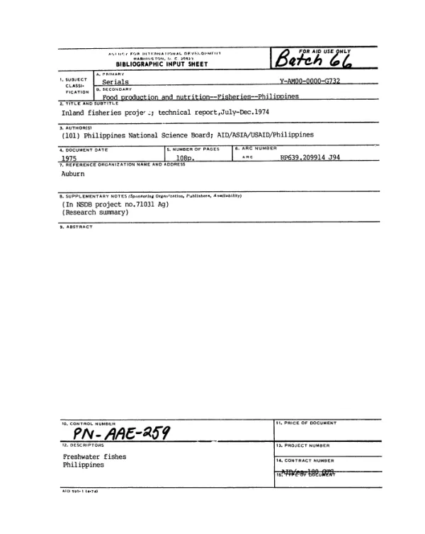 Inland fisheries project; technical report, July-Dec. 1974