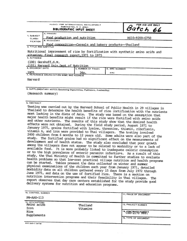 Nutritional improvement of rice by fortification with synthetic amino acids and vitamins; final research report, 1971 to 1975