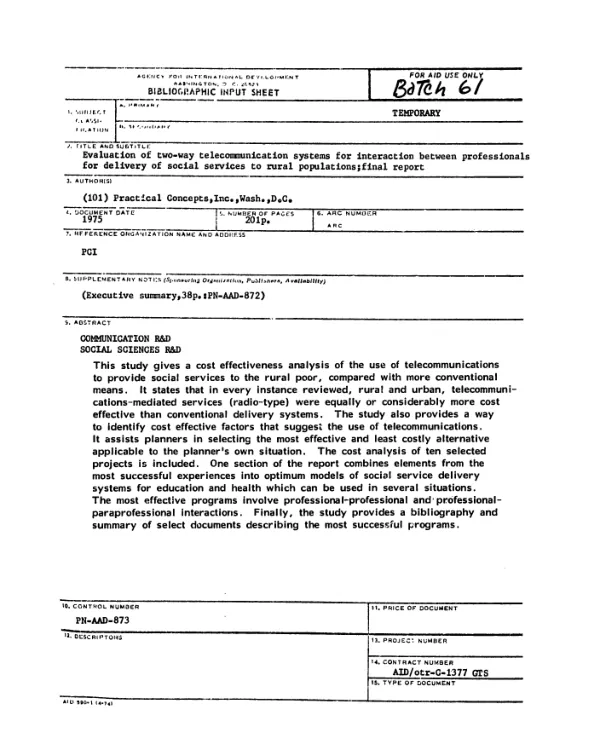 Evaluation of two-way telecommunication systems for interaction between professionals for delivery of social services to rural populations; final report