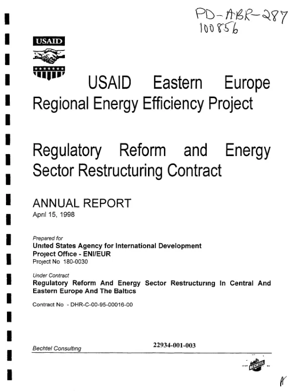 USAID Eastern Europe regional energy efficiency project : regulatory reform and energy sector restructuring project -- annual report