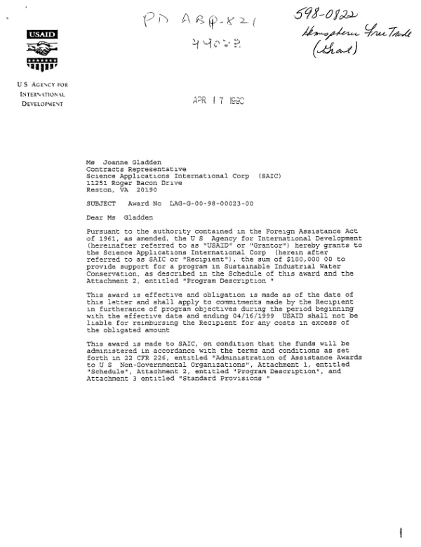 USAID award no. LAG-A-00-98-00023-00 to Science Applications International Corp. to provide support for a program in sustainable industrial water conservation