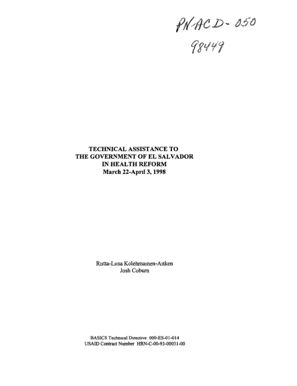 Technical assistance to the Government of El Salvador in health reform, March 22-April 3, 1998