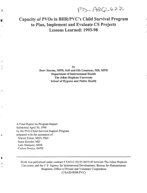 Capacity of PVOs in BHR/PVC"s child survival program to plan, implement and evaluate CS projects -- lessons learned : 1993-98 -- final report on program impact