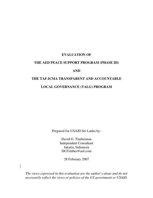 Evaluation of the AED peace support program (phase III) and the TAF-ICMA transparent and accountable local governance (TALG) program