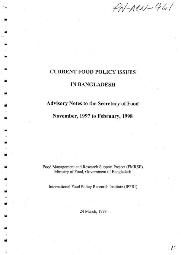 Current food policy issues in Bangladesh : advisory notes to the Secretary of Food -- November, 1997 to February, 1998