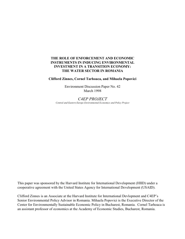 Role of enforcement and economic instruments in inducing environmental investment in a transition economy : the water sector in Romania