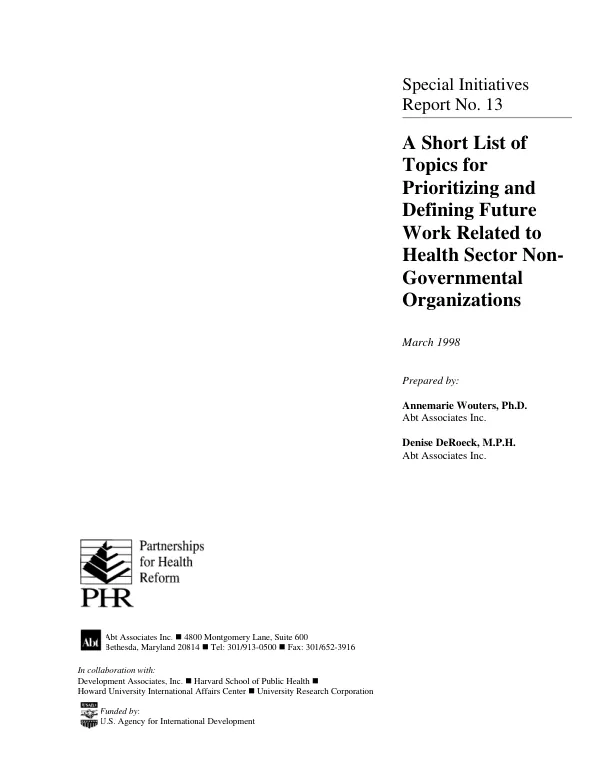 Short list of topics for prioritizing and defining future work related to health sector non-governmental organizations