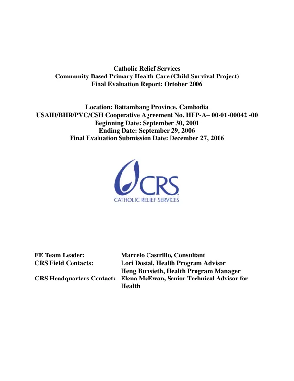 Catholic Relief Services community based primary health care (child survival project) final evaluation report : October 2006