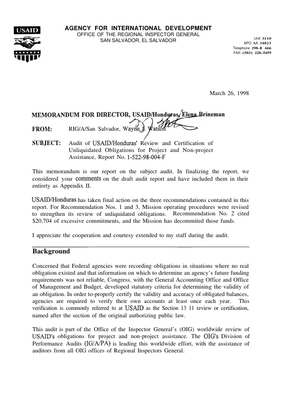 Audit of USAID/Honduras" review and certification of unliquidated obligations for project and non-project assistance