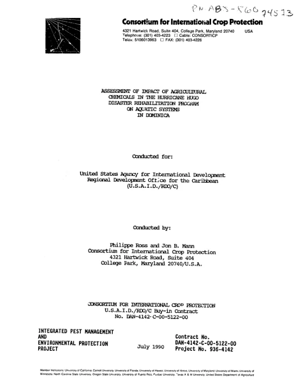 Assessment of impact of agricultural chemicals in the Hurricane Hugo disaster rehabilitation program on aquatic systems in Dominica