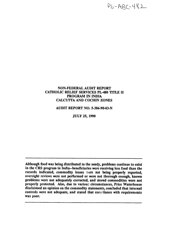 Non-federal audit report : Catholic Relief Services PL-480 Title II program in India -- Calcutta and Cochin zones
